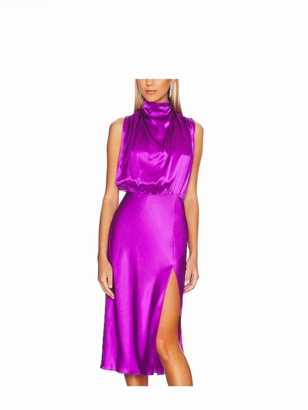 Amanda Uprichard 100% Silk High-Neck Midi Dress in Bold Purple